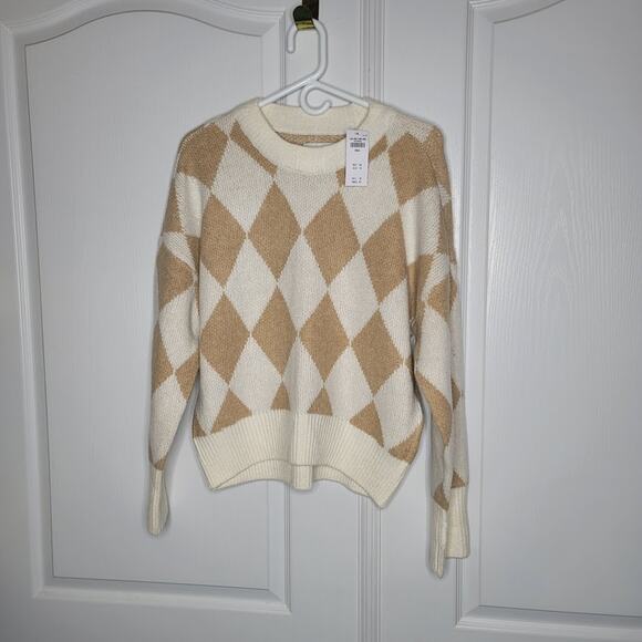 ABERCROMBIE & Fitch NEW Oversize Brown Cream White Argyle Sweater size Small - Picture 1 of 5